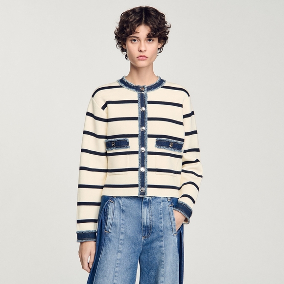 Sandro Sweaters - Sandro Paris Navy and Cream Striped Cardigan with Denim Details